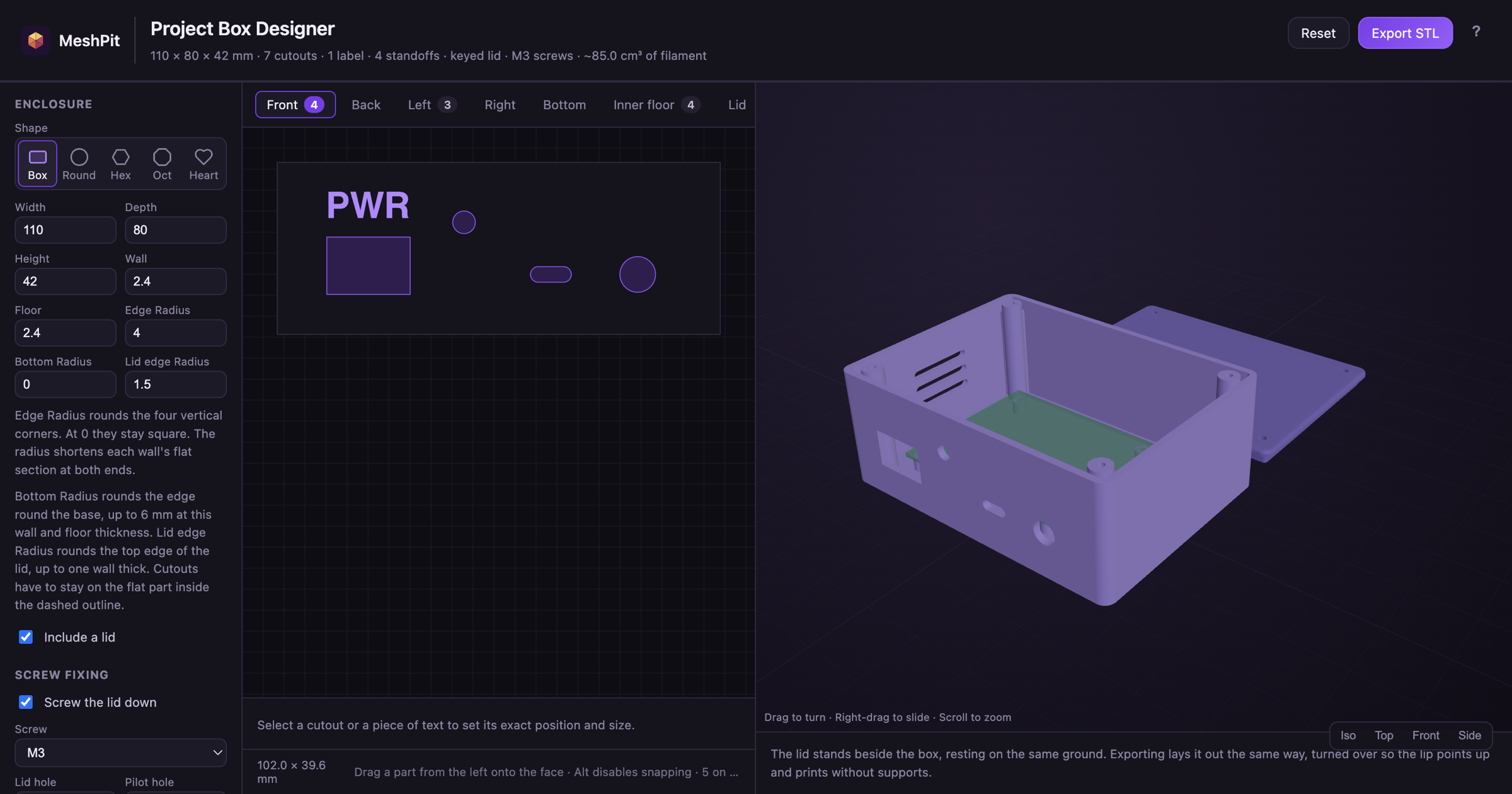 The MeshPit Project Box Designer with cutouts on the front of a box and a 3D preview of the box and its lid