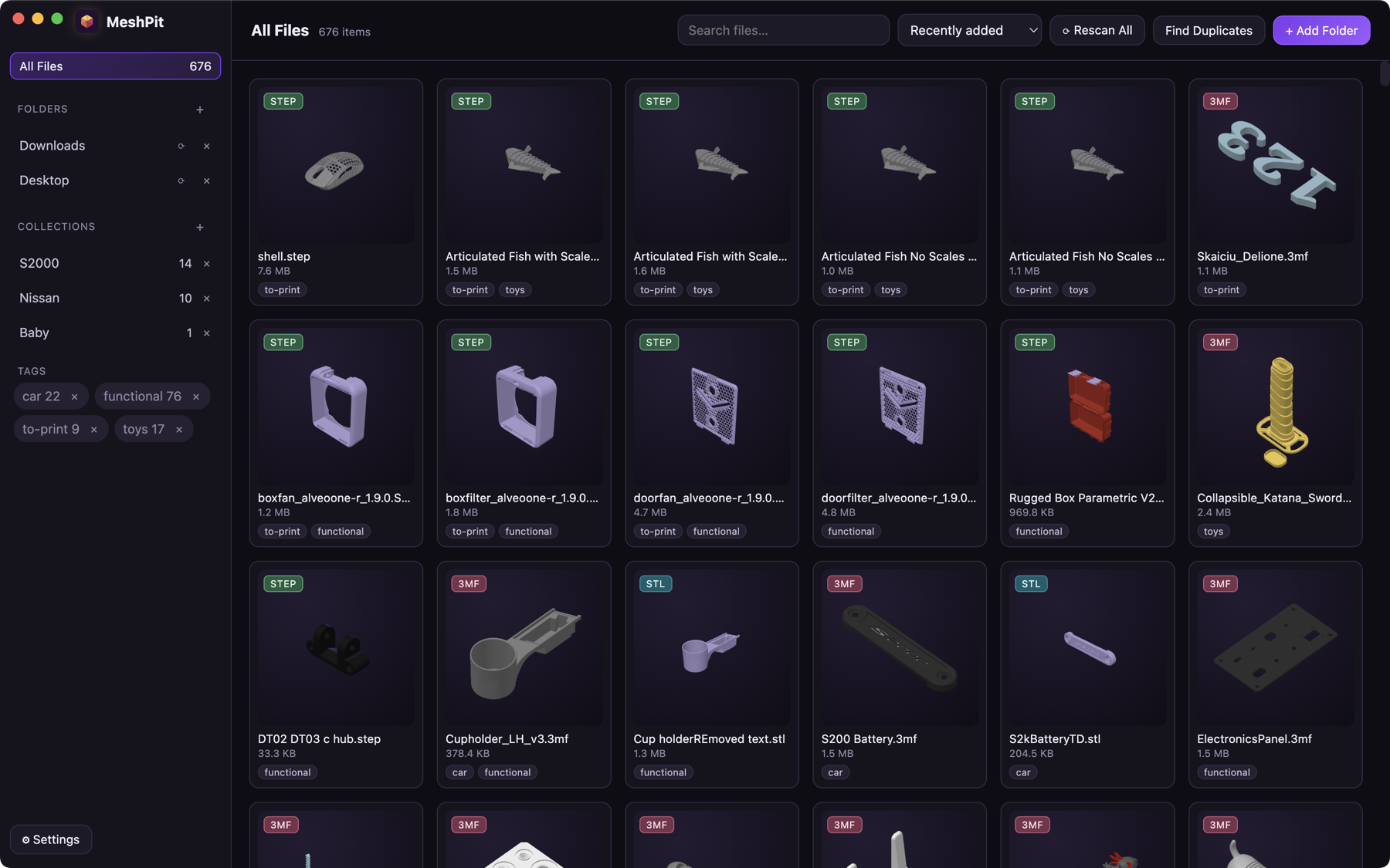 The MeshPit desktop library showing thumbnails of STL, 3MF and STEP files