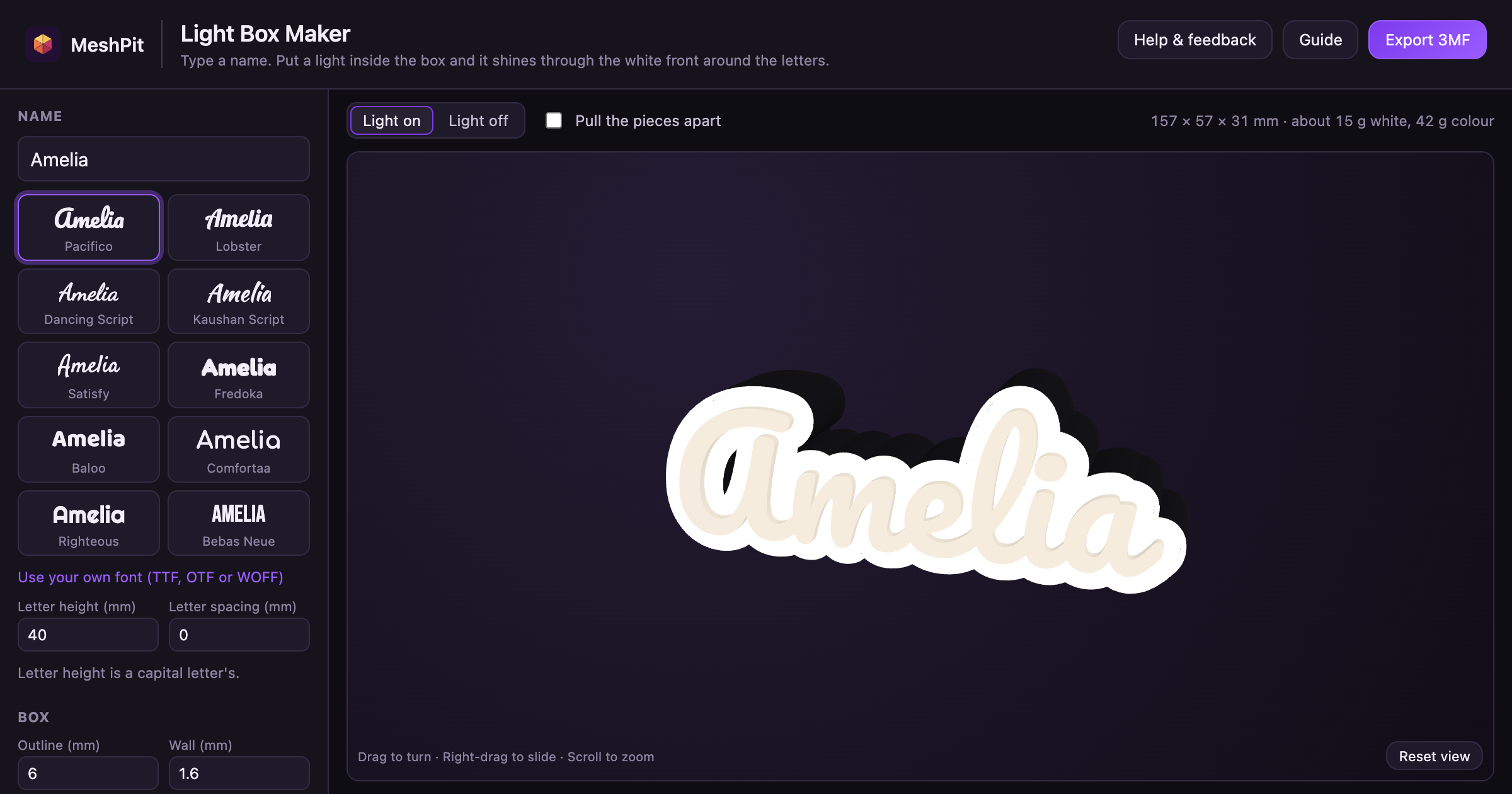 The MeshPit Light Box Maker with the name Amelia in Pacifico and a lit 3D preview of its light box