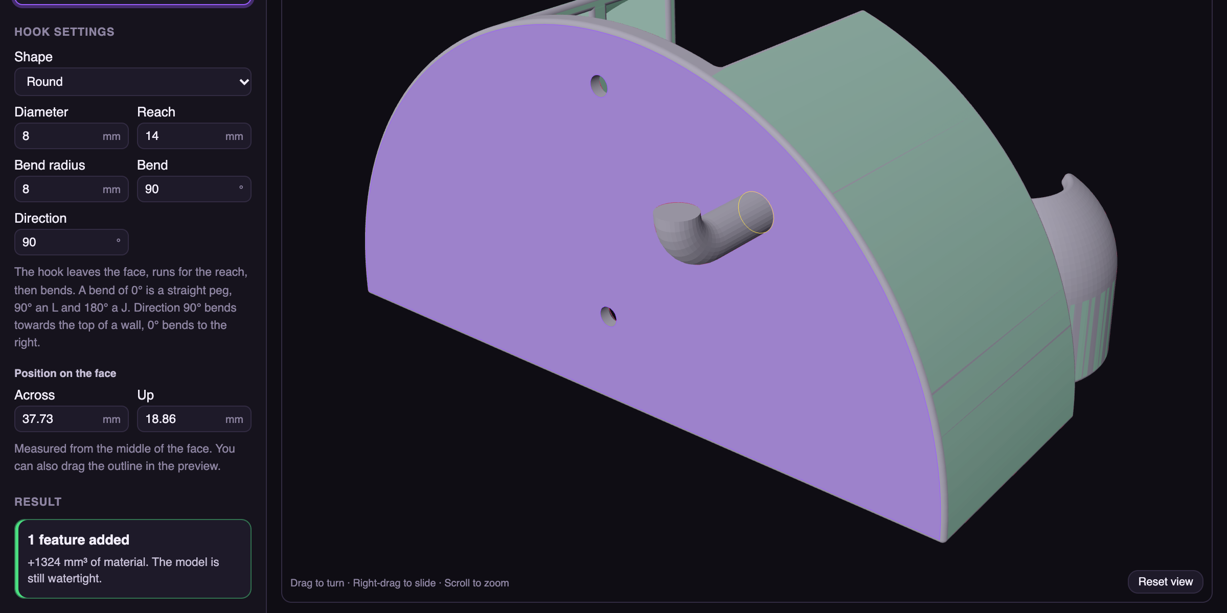 The hook settings in MeshPit Surface Features beside a preview of the hook on the model